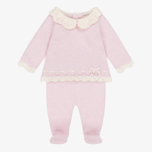 Dr. Kid - Girls Pink Wool Knit 2 Piece Babygrow with Embroidered Collar | Childrensalon