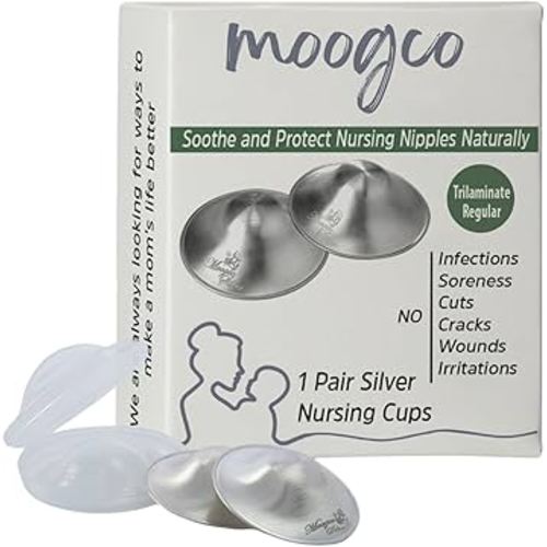 Moogco The Original Silver Nursing Cups - Nipple Shields for Breastfeeding Newborn - Breastfeeding Essentials - Nipple Covers Breastfeeding - 999k Silver - Tri-Laminate Silver Regular Size