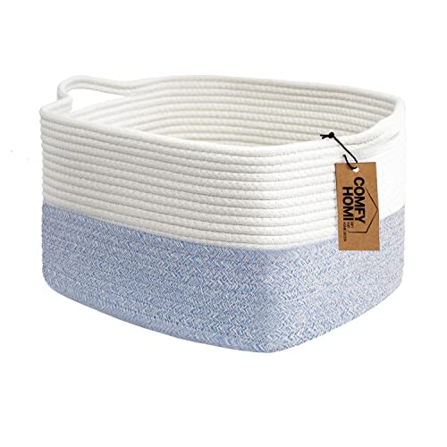 COMFY-HOMI Cotton Rope Woven Basket with Handles for shelf,Toy, Book, Cloth Storage Basket for Organizing-13.5"X11"X9.5" Storage Bin for Living Room, Newborn or Infant Gift for boy girl (White/blue)