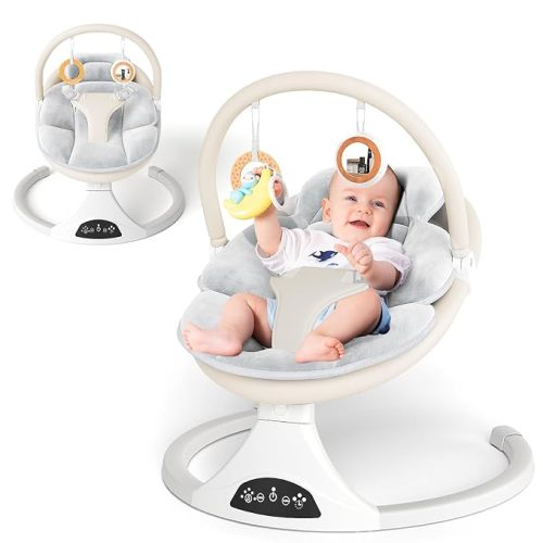 Electric Baby Swing with Remote Control - 5 Natural Motion Speeds, Detachable Seat Pad | Portable Infant Swing for Indoor/Outdoor Use (0-6M, 20lbs) (Beige)