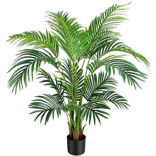 Worth Garden 4ft Artificial Areca Palm Plant, Fake Cane Palm Silk Tree Indoor Outdoor, Dypsis Lutescens, 47in Realistic Faux Silk Plants for Office Decoration
