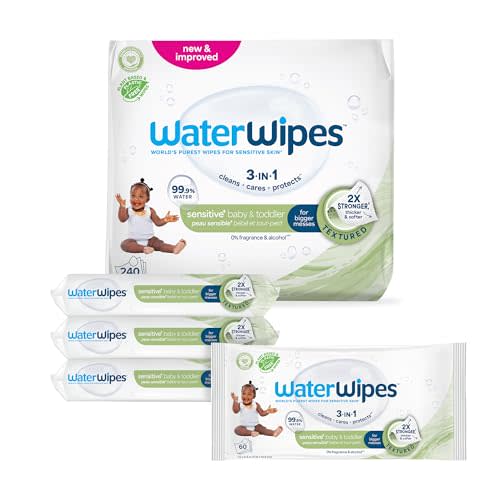 WaterWipes Sensitive+ Baby & Toddler Wipes, 3-In-1 Cleans, Cares, Protects, 99.9% Water, Textured Clean, Unscented & Hypoallergenic, 240 Count (4 Packs)