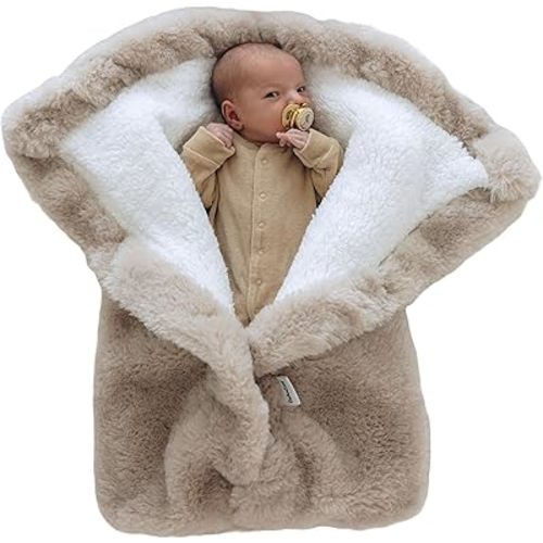 Warm Swaddle Blanket for Baby Boy or Girl, Multi Use Baby Wrap Swaddle, Ultra-Soft Fleece Interior Plush Exterior, Winter Stroller Blanket, Cold Weather Baby Swaddle (Beige, 0-6 Months)