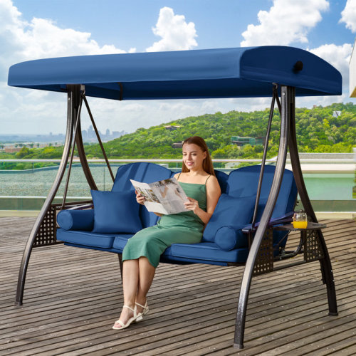 Arlmont & Co. 3-Seat Patio Porch Swing With Adjustable Canopy - Outdoor Swing Featuring Three-Position Backrest, Large Convertible 3-In-1 Swing Bed, Thickened Cushions, Pillows, And Cup Holders - Ideal For Porch, Backyard, Garden & Reviews | Wayfair
