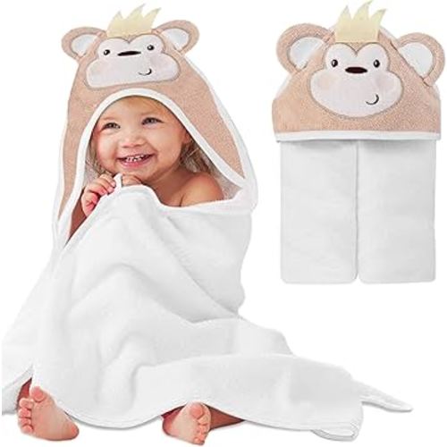 Mother's Choice Baby Hooded Towel - Large 33x33 Inch, 100% Cotton, Ultra-Soft & Absorbent Bath Towel for Newborns, Infants, Boys & Girls (Monkey)