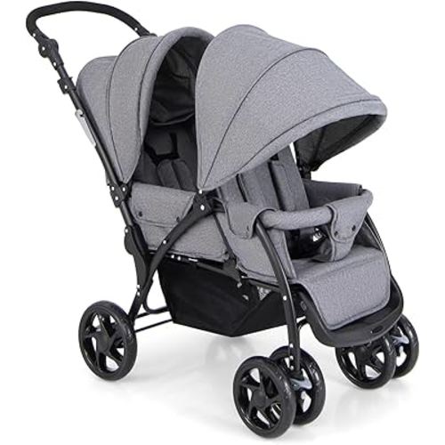 HONEY JOY Double Stroller, Foldable Lightweight Infant Twin with Tandem Seating, 5-Point Harness, Recline Seat, Storage Basket, Compact Baby Double Stroller Newborn and Toddler (Gray)
