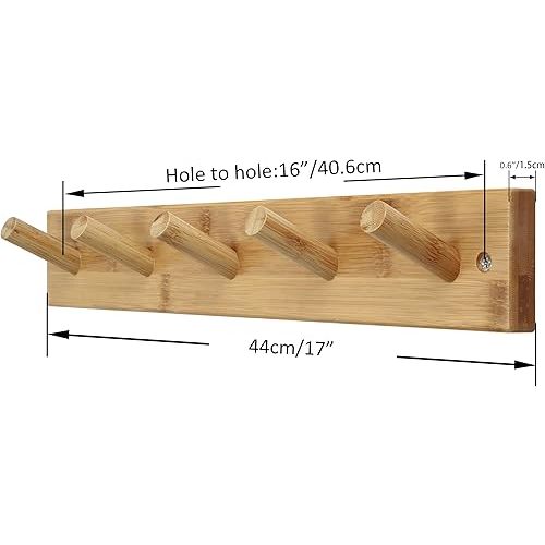 SKOLOO Wooden Wall Mounted Bamboo Coat Rack, Natural Gold, 16'' Hole to Hole