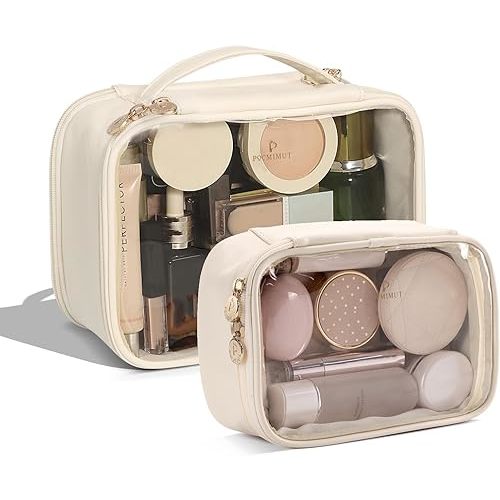 Pocmimut Clear Makeup Bags,Small Makeup Pouch with Large Cosmetic Bag Car Accessories Storage for Women,Travel Essentials Organizers,Begie