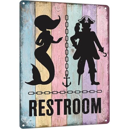 HYBLOM Mermaid Bathroom Decor - Pirate Themed Restroom Signs - Vintage Nautical Wall Decor - Funny Beach Toilets Door Signs Metal Aluminum 12x8 Inches