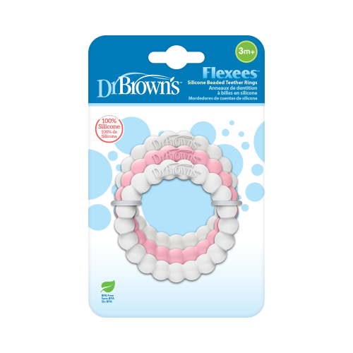 Dr. Brown's Flexees Beaded Teether, 100% Silicone Baby Teething Rings, Gray/Pink/White, 3m+, 3 Pack