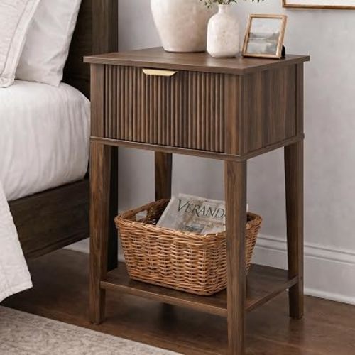 Dark Walnut 15.4" Wide Small Nightstand with Drawer,Open Shelf,Fluted