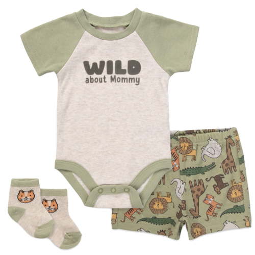 Baby Essentials 3 Months Infant Boys 3 Piece Bodysuit, Shorts, Socks Set Spring Summer Cotton Polyester Outfit in Wild About Mommy Print
