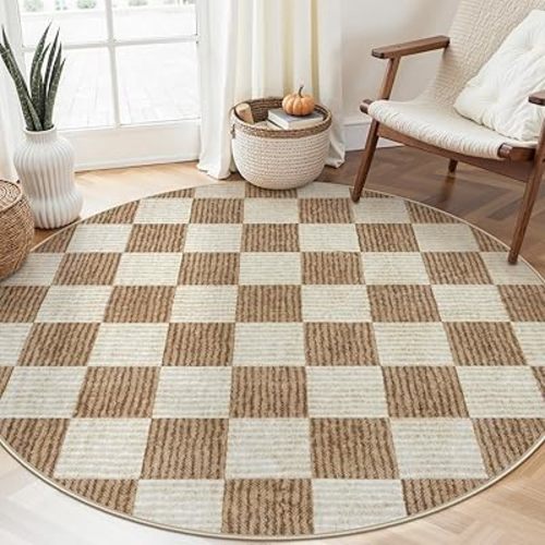 LIVEBOX Checkered Round Rug 6 Ft Washable Area Rug for Playroom Classroom, Kids Non-Slip Neutral Classic Circle Rug Geometric Large Carpet Soft Boys Nursery Rug for Dorm Bedroom(Brown,180R)