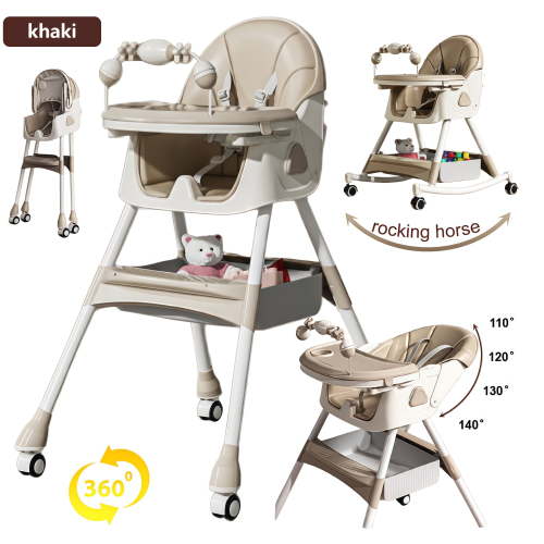 Baby High Chair 5-in-1 Rocking Chair & Baby scooter & Feeding Chair with Adjustable Height,Steel Pipe 4-for Babies and Toddlers, Khaki