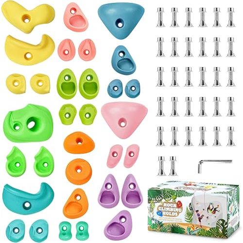 TOPNEW 32 Rock Climbing Holds Multi Size for Kids, Adult Rock Wall Holds Climbing Rock Wall Grips for Indoor and Outdoor Playground Play Set