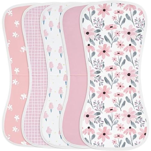 Yoofoss Baby Burp Cloths 5 Pack Burping Cloths for Babies Boys Girls Large 21''X10'' Extra Soft and Absorbent Flowers