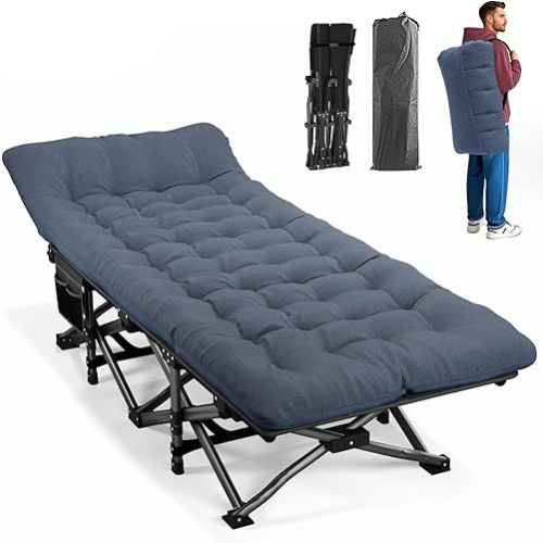 ATORPOK Camping Cot for Adults with Cushion Comfortable, Portable Folding Bed for Sleeping Supports 450 lbs (Blue)