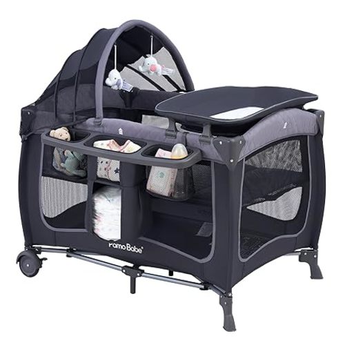 Pamo Babe Baby Playard with Canopy, Portable Crib with Changing Table