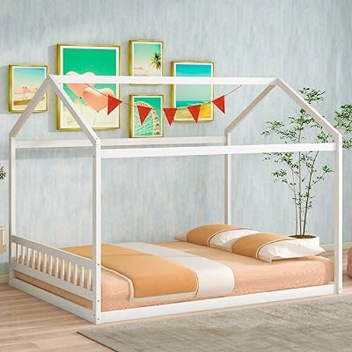 Merax Queen Size Wooden House Bed with Headboard, No Box Spring Needed, White