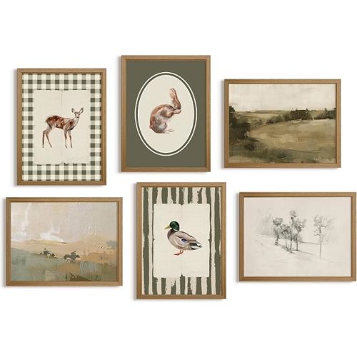 Vintage Nursery Wall Decor - Hunting Animal Prints 12x16 Framed Set of 6