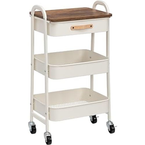 AGTEK Makeup Cart Movable Rolling Organizer Cart with Drawer, 3 Tier Metal Utility Cart with Hanging Cups,Drawer with Leather Handle, Mobile Trolley Cart for Home & Office, White