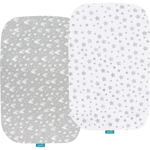 Bassinet Sheets Compatible with Baby Delight Beside Me Dreamer Bassinet, 2 Pack, 100% Jersey Knit Cotton Fitted Sheets, Breathable and Heavenly Soft, Grey and White Print for Baby