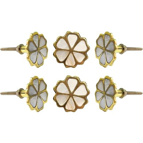 Perilla Home Set of 6 Knobs for Cabinet & Drawers Mother of Pearl Brass Knobs Decorative Vintage Knobs for Home Kitchen Cabinet Hardware Cupboard Door Dresser Wardrobe & Drawer Pulls (Design-7)
