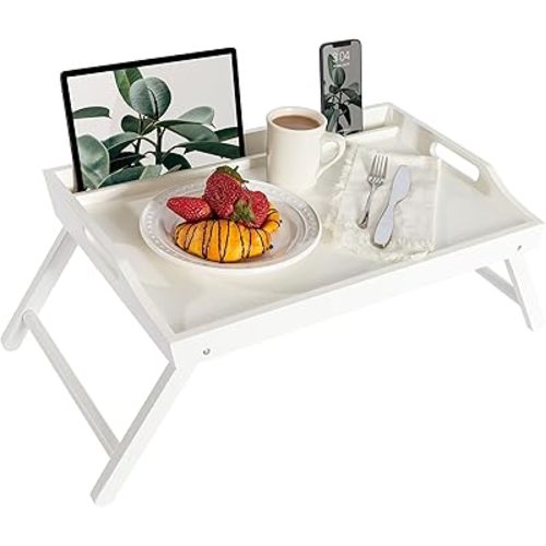 ROSSIE HOME Wood Bed Tray, Lap Desk with Phone Holder - Fits up to 17.3 Inch Laptops and Most Tablets - Soft White - Style No. 78104