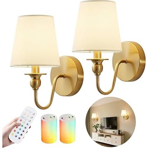 Battery Operated Wall Sconces set of Two,Wireless Wall Sconces with 10000mAh Dimmable Bulb and Remote,LED 15 Colors Rechargeable Gold Wall Sconce with Fabric for Bedroom Living Room Hallway Wall Decor