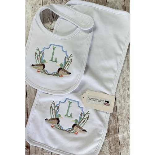 Personalized Newborn Boy Mallard Duck Bib Burp Cloth Gift Set