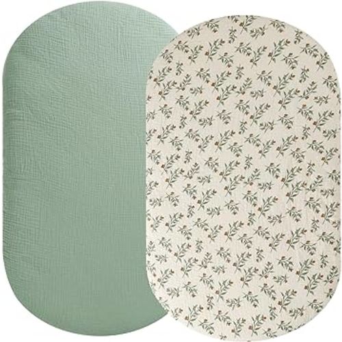Muslin Bassinet Sheet Compatible with UPPAbaby Bassinet, 2 Pack Cotton Stylish Boho Fitted Bassinet Sheets Super Soft for Baby Roman Green & Botanical Leaf