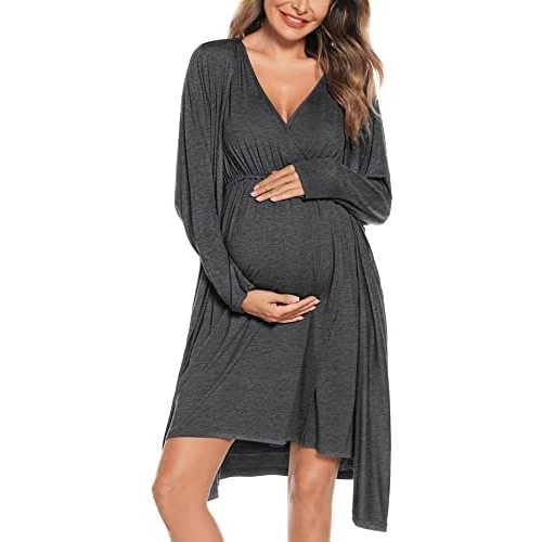 SWOMOG Women Maternity Nursing Gown and Robe Set 3 in 1 Labor Delivery Nursing Nightgown for Breastfeeding Hospital Bathrobe