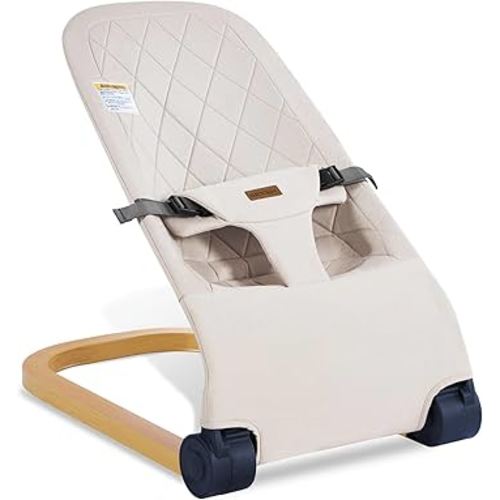 Baby Bouncer,Portable Baby Bouncer Seat & Foldable with 3 Height Adjustments, Ergonomic Bouncer for Babies 0-6 Months, Wood Grain Style, Natural Vibrations, Includes Storage Bag (Beige)