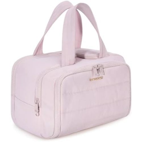 BAGSMART Travel Toiletry Bag, Lightweight Large Wide-open Travel Bag for Women, Puffy Cosmetic Makeup Bag Organizer with Handle for Accessories,Essentials, Toiletries, Pink