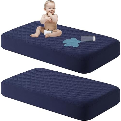 NTBAY 2 Pack Waterproof Mini Crib Mattress Protector, Quilted 24"x38" Fitted Mattress Cover - Machine Washable - Soft and Breathable Baby Mattress Pad Sheet for Mini Crib and Baby Playards, Navy Blue