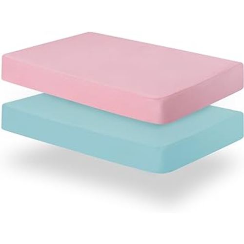 Biloban Crib Sheets Fitted, 2 Pack Sheet Fits Standard Crib Mattress, Neutral Toddler Bed Sheets for Baby Boys and Girls, Pink & Aqua, 52'X 28'