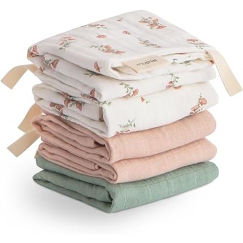 mushie Muslin Organic Cotton Washcloths 5-Pack (Pink Flowers Combo) | Soft Wipes for Baby Cleanups and Bathing