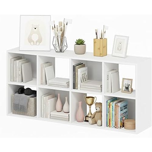8-Cube Storage Organizer, White Bookshelf with Open Compartments for Home Office, Modern Bookcase Display Shelf for Living Room, Bedroom & Entryway