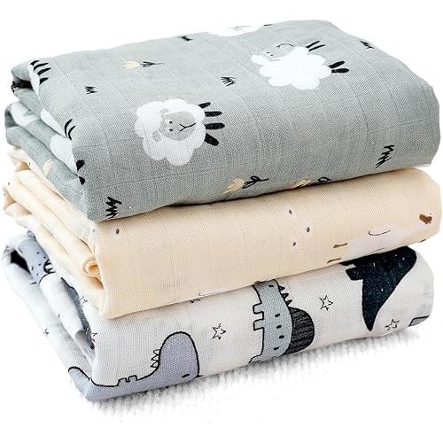 Muslin Swaddle Blankets for Baby Boys and Girls,3 Pack Breathable Soft Receiving Blanket,Large 43.3X 43.3 inches,Newborn Essentials Must Haves(Animal)