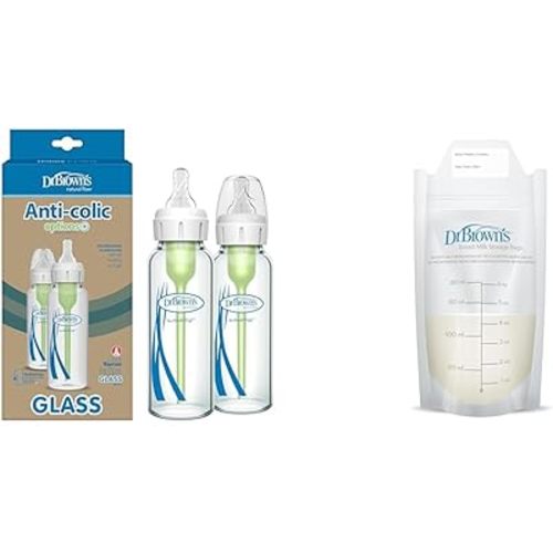 Dr. Brown's Anti-Colic Narrow Glass Baby Bottle 8 oz, Level 1 Slow Flow Nipple 2 Pack + 100 Count 6 oz Breast Milk Storage Bags