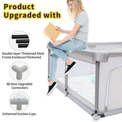 71"×59" Large Baby Playpen, Play Yard for Baby, Toddlers, Twins, Playpen for Babies and Toddlers, Sturdy & Safe, Indoor & Outdoor Use (Gray)