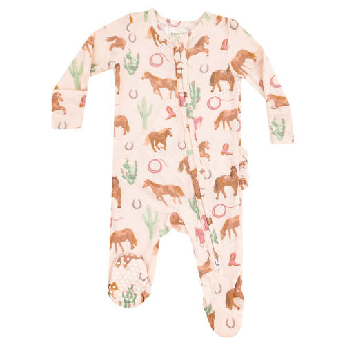 2-Way Zip Ruffle Back Footie, Western Horses Pink