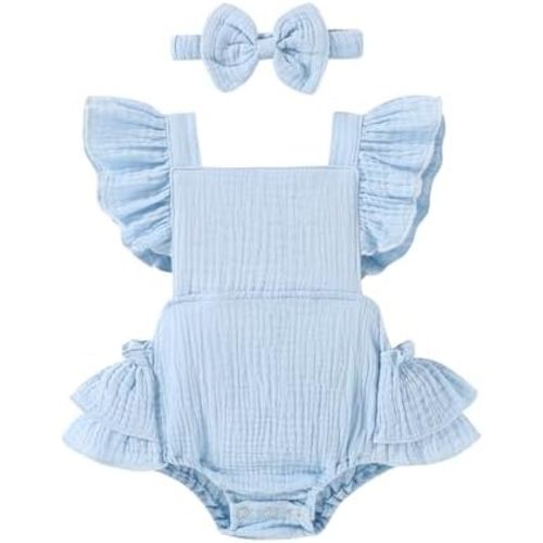 Happy Town Baby Girl Clothes Toddler Summer Linen Romper Sleeveless Ruffle Outfits Infant Girls Jumpsuit with Headband