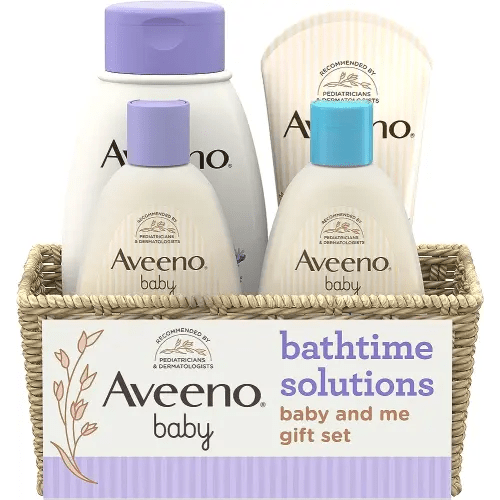 Aveeno Baby Bathtime Solutions Baby & Me Gift Set with Baby Wash & Shampoo, Calming Baby Bath & Wash, Baby Daily Moisturizing Lotion & Stress Relief Body Wash for Mom, Soap-Free, 4 items