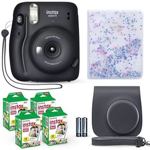 Fujifilm Instax Mini 11 Instant Camera Charcoal Gray + Fuji Film Value Pack (40 Sheets) + Shutter Accessories Bundle, Incl. Compatible Carrying Case, Quicksand Beads Photo Album 64 Pockets