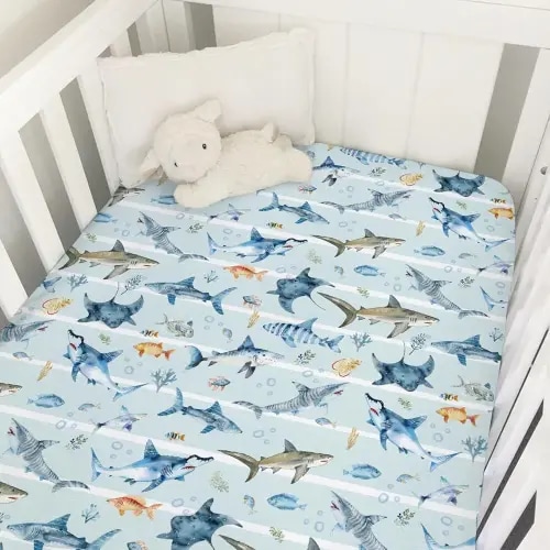 Blue Sharks Baby Crib Sheets 52''x28'' Sea Animals Sharks Stripes Snug Fitted Crib Mattress Cover for Boy Girl Ocean Fishes Corals Nautical Life Baby Bed Sheet for Standard Crib and Toddler Mattress