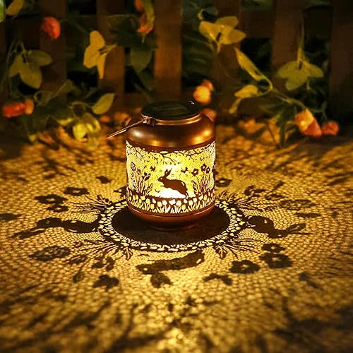 Rabbit Solar Lanterns Outdoor Waterproof Hanging Solar Lights Bunny Gifts for Women Mom Grandma Metal Decorative LED Lantern Outside for Garden Decor,Yard,Patio,Lawn,Porch,Backyard,Pathway