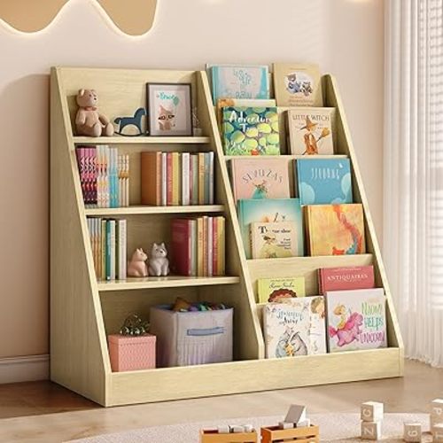 Tatub 6 Tier Kids Wooden Bookshelf and Toy Storage, Children Toy Organizer with Book Shelves, Toddler BookRack Baby Bookcase for Nursery, Playroom and Classroom, Natural Wood