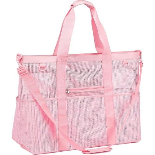 Mesh Beach Bag, Large Beach Tote with Zipper Pocket for Family Pool Bag for Toys & Vacation Essentials