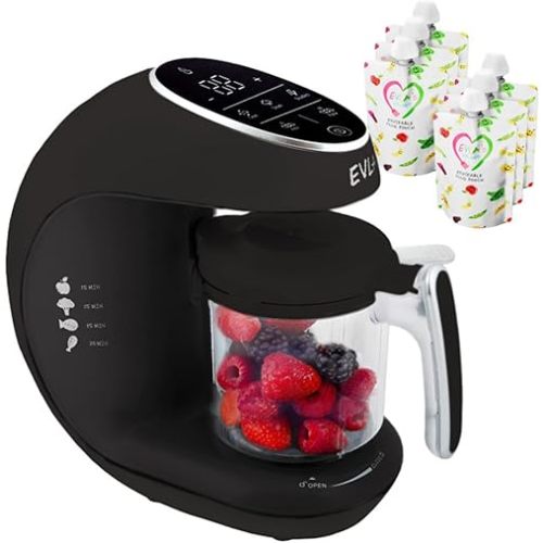 EVLA'S Baby Food Maker, Steamer, Blender, Baby Food Processor for Healthy Homemade Baby Food in Minutes, Touch Screen with 6 Reusable Food Pouches, Baby Registry Essential, Dark Grey